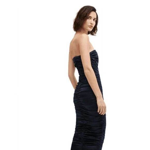 Veronica Beard "Kupa" ruched strapless midi dress in luxe silk Navy NWT $648 - Picture 4 of 6